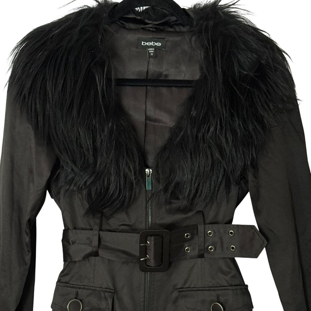 Bebe Black Trench Coat Real Fur Trim Collar Designer Zipper Belt Size XS - Picture 2 of 14